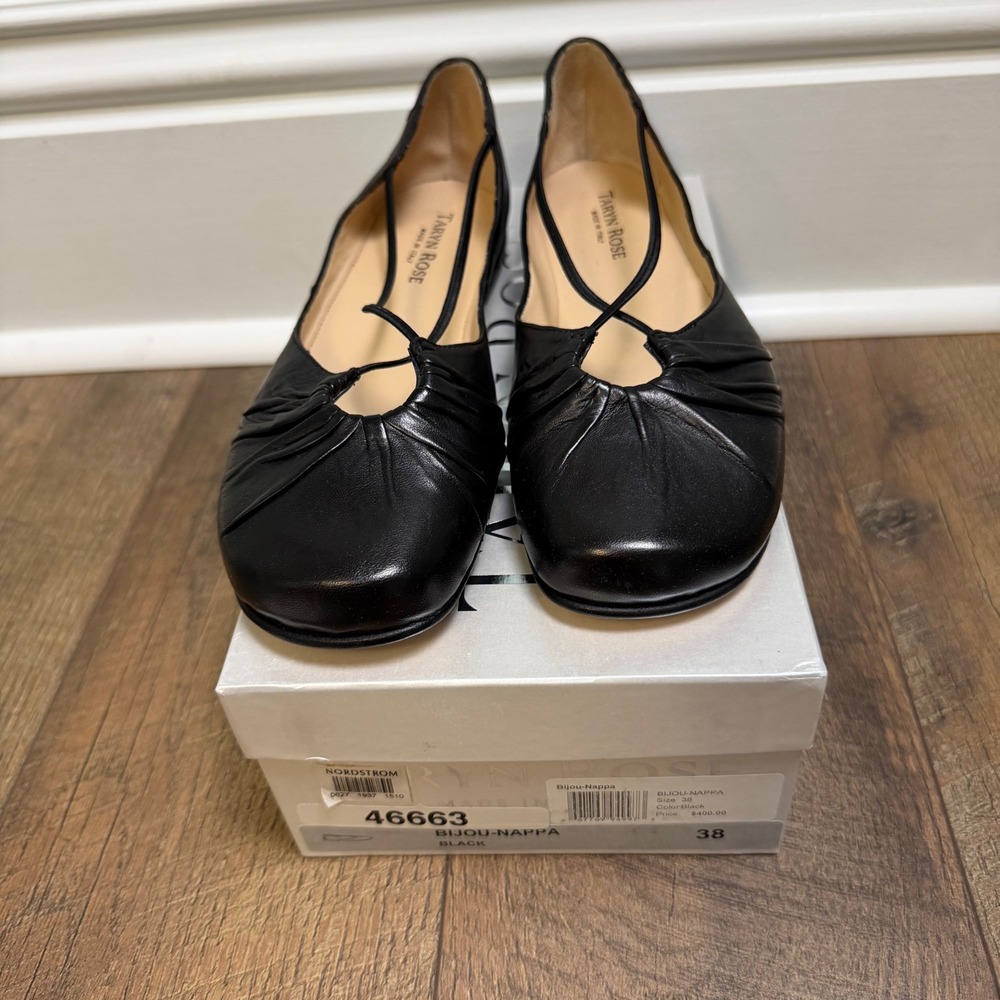 Taryn Rose Bijou Black Leather Strappy Ballet Flats Square Toe 38 US 8 with Box